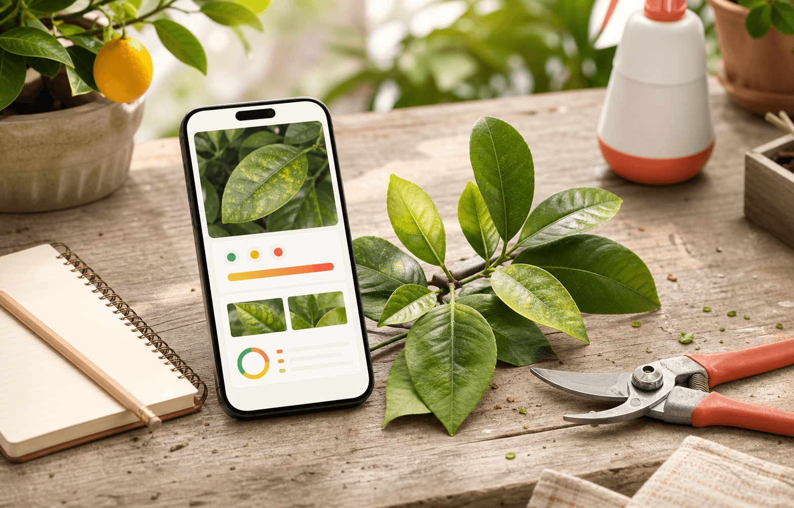 Citrus Care assessment shown on a phone beside citrus leaves and pruning tools